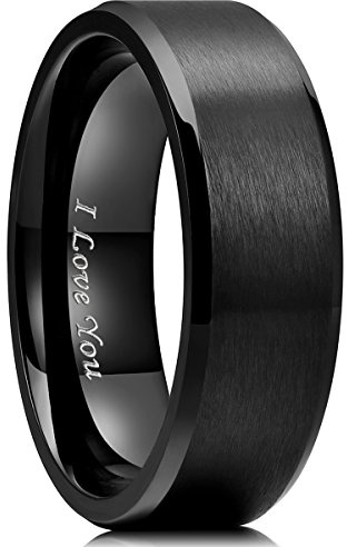 King Will BASIC - Anello in acciaio INOX placcato nero, 8 mm, finitura opaca e bordo smussato lucido, con incisione laser I Love You, R 1/2(59.53mm), Acciaio inossidabile, Nessuna pietra preziosa