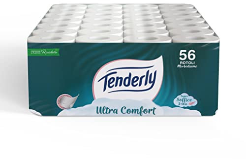 Tenderly Ultracomfort, 3-lagiges Toilettenpapier, 56 Rollen aus sehr weichem und reinem Toilettenpapier, dermatologisch getestet für empfindliche Haut, garantiert Komfort und Zartheit