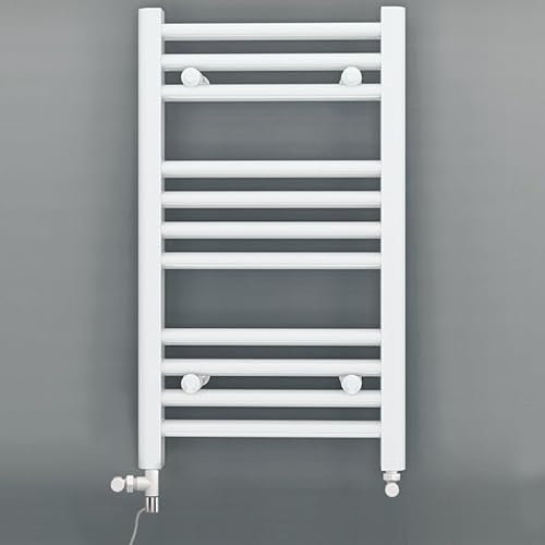 300mm Wide White Dual Fuel Electric Radiator Bathroom Towel Rail Radiator With Thermostatic and Standard Electric Element UK (300 x 600 mm (h), Standard Electric Element)