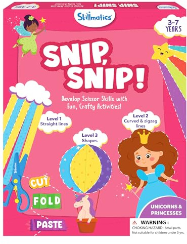 Skillmatics Scissor Skills Activity Book - Snip Snip Unicorns & Princesses, 25 Fun Cutting & Creative Activities for Preschoolers, 2 Child-Safe Scissors, Felt Craft Kit, Gifts for Ages 3, 4, 5, 6, 7