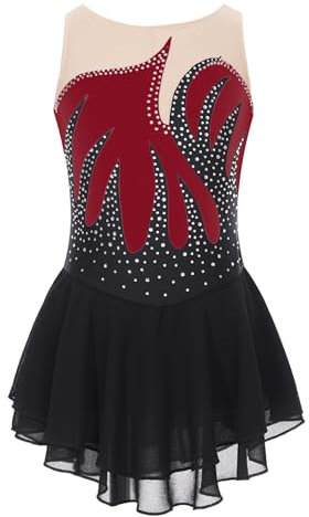 Yeahdor Mädchen Eiskunstlauf Kleid Turnanzug Ärmellos Tanzkleid mit Strass Glitzer Rollschuhkleid Ballettkleid Tanzbody Ballett Trikot Gymnastik F Weinrot 170-176