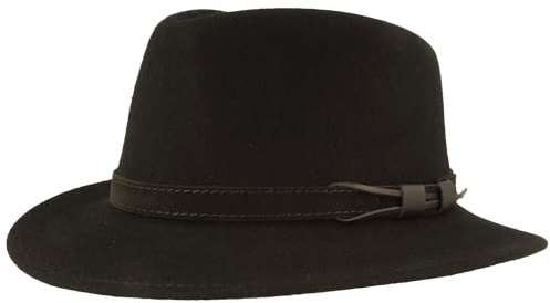 Bred utomhus filt hatt trekking-hatt ullhatt av 100 % ull – hatt vattenavvisande och vikbar – med läderuppsättning – för män och kvinnor, Svart läderrem, 61 cm