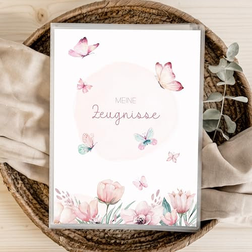 Zeugnismappe für DIN A4 Schmetterling | 20 Klarsichthüllen für AUFBEWAHRUNG und SCHUTZ von ZEUGNISSEN | 𝗕-𝗪𝗮𝗿𝗲 | Schule Grundschule | Mappe für Zeugnisse | Zeugnismappe Mädchen Blumen Rosa
