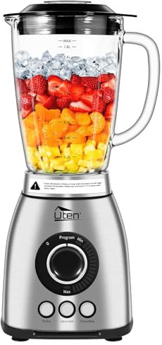 Uten Blender 2L Glass Jug, 3 Automatic Programs Ice Crush, Smoothie, Pulse, 18 Speed Levels, Kitchen Table Blender, 6 Blades, Stainless Steel Housing, Milkshakes Fruit Juices, Grindable Coffee