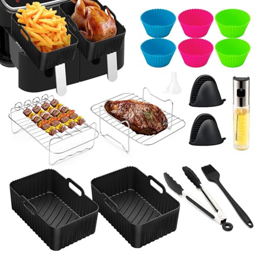 LUOJINYI Accessoires Air Fryer, 15 Pièces Moule Silicone Air Fryer,Air Fryer Accessoires, Accessoires de Friteuse à Air pour Ninja Foodi Dual AF300EU, AF400EU, AF500EU,Moule Air Fryer, Grille Racks et