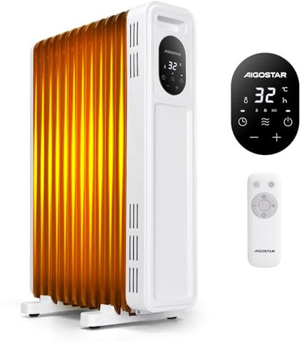 Aigostar Cozy - Energiesparend Ölradiator mit Fernbedienung, Heizung Elektrisch mit Thermostat, ECO Modi, 3 Modi, 24H Timer, Kipp & Überhitzungsschutz, Mobiler Heaters for Room, 2300W 11Rippen