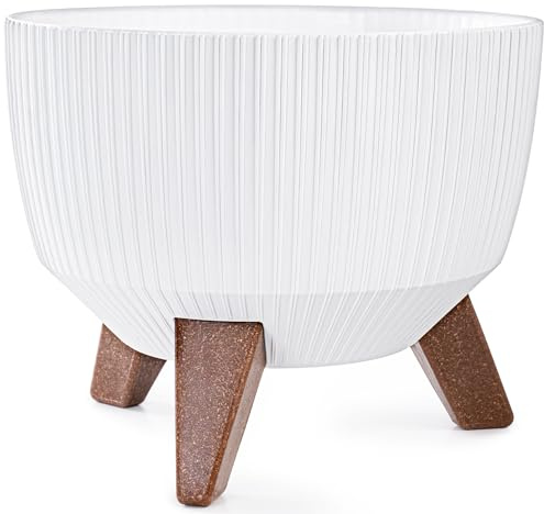 KONZEPT Pflanzschale Groß 24cm Weiß, Blumentopf mit Füßen, wetterfest & UV-beständig, mit Wasserabfluss-Einsatz, Übertopf für Innen & Außen