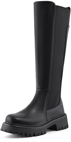 PODAIK Women’s Knee High Boots Platform Stretch Lug Sole Riding Boots Round Toe Elastic Comfortable Fashion Dress Boots with Side Zipper(7,Black)
