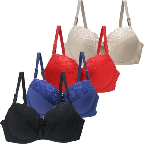 Lot de 4 soutiens-gorge en dentelle pour femme avec armatures push-up - Grandes seins - Maintien solide - Bretelles réglables - Bralette classique souple - Rembourré - Soutien confortable, beige, 100C