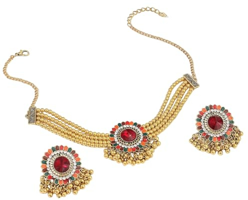 IMINI Ensemble de bijoux indiens traditionnels pour femme, collier ras du cou plaqué or et boucles d'oreilles à tige, cristal CZ rouge multicolore avec fleur en émail et glands perlés, cadeau de