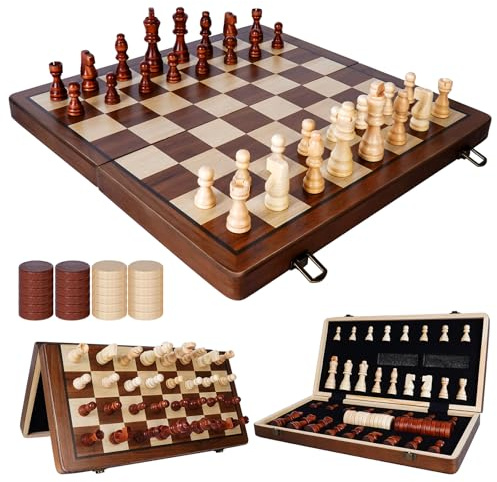 Scacchi Magnetici - Scacchiera In Legno 2 in 1, Dama Gioco da Tavola, Scacchiera Pieghevole Facile da Riporre, Perfetto per Feste ed Eventi in Famiglia (39 x 39 cm)