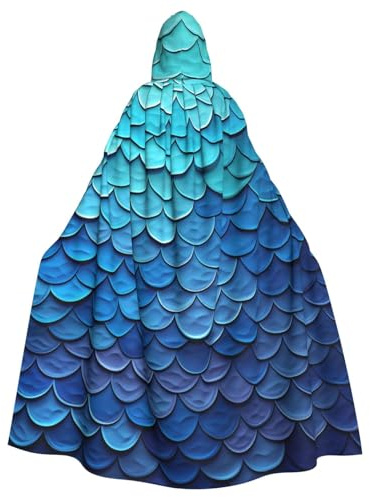 GTKSYNVE Ocean Sea Blue Mermaid Fish Scale Hooded Cape Unisex Adult Full Length Medieval Cloak Halloween Cosplay Costume Robe