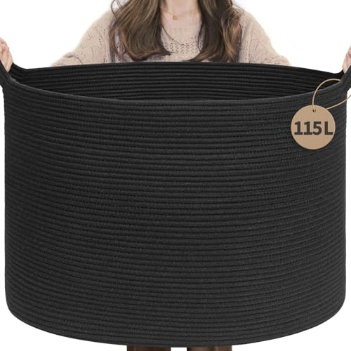 TIMEYARD 115L Extra Large Blanket Basket Toy Storage Basket for Kids Black | 60x40cm Large Storage Basket for Toys, Shoes, Blankets and Household Items. Decorative Rope Basket for Living Room Kids Room