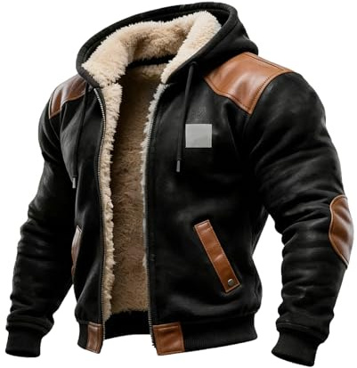 Generisch Chaqueta de piel para hombre vintage – Chaqueta de ante con capucha en tallas grandes, abrigo de piel forrada de forro polar, elegante abrigo de entretiempo., O negro., L