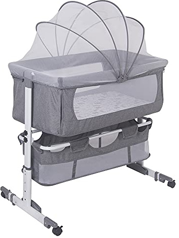homewell 2-i-1 sidosäng för baby & babyvagga med förvaringskorg och myggnät, babyvagn för hem och på resan, höjdjustering och lutningsjustering (mörkgrå)