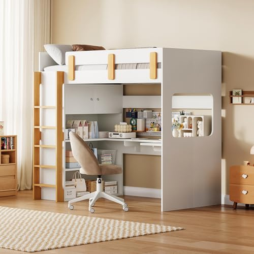 Jtyca Bunk Bed for Kids, 3ft Single Bed Frame with Storage Shelving and L-Shaped Desk, Children's Bed with Staircases and Parapet, Wooden Slats, White, 90x190 cm (No Mattress)