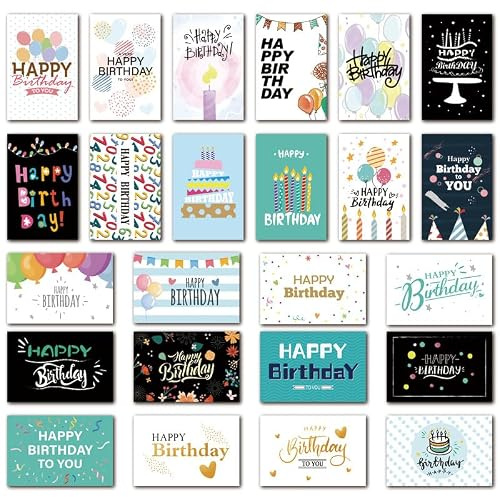 Juego de 24 Tarjetas de Felicitación Cumpleaños con Sobres, Tarjetas Cumpleaños con Sobre, Tarjetas Plegables en Blanco para Cumpleaños, Happy Birthday Cards para Hombres, Mujeres y Niños (665#)