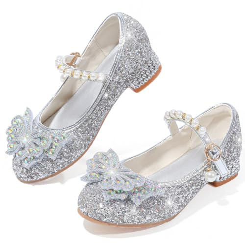 Mokayu Girls Glitter Mary Jane Princesss Shoe Dress Shoes Low Heels Toddler Sequin Party Wedding Birthday Prom Cosplay Dance Up Shoes Silver UK9.5
