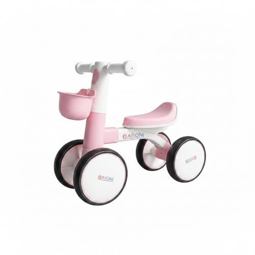 Baroni Toys Bici Senza Pedali Rosa a 4 Ruote per Bambini dai 3 Anni, Primi Passi con Luci e Suoni, Cestino Portaoggetti, Balanced Bike, Ideale per Sviluppo Motorio e Coordinazione, 55x22x42cm