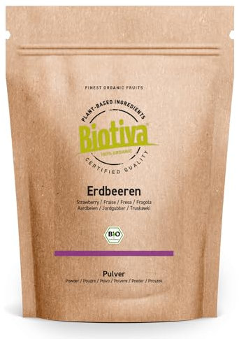 Biotiva Polvo de fresa orgánica liofilizado 90 g - Fragaria x ananassa - polvo de fruta - superfood - vegano, sin lactosa, sin soja - bolsa de almacenamiento con cierre