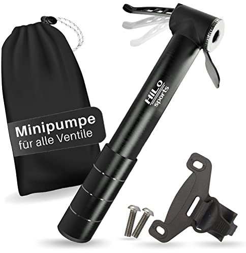 HiLo sports Aluminium Fahrradpumpe klein - [Für alle Ventile] - 6 Bar Mini Luftpumpe Fahrrad - Fahrrad Luftpumpe klein mit Rahmenhalterung und Schrauben