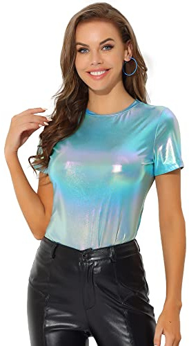 Allegra K Damtopp, halloween, fest, fest, metallisk topp, kortärmad, rund hals, blus, t-shirt, Blå, M