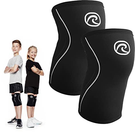 Rehband Kniebandage Kinder aus 5mm SBR/Neopren, Bandage Knie für Mädchen & Jungs, Kompressions-Bandage für Sport: Fußball, Tennis oder Laufen, Farbe:Schwarz - 1 Paar, Größe:L