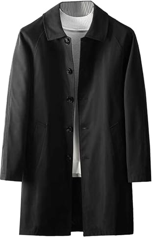 JEShifangjiusu Men's Trench Coat Slim Fit Notch Lapel Single Breasted Lightweight Windbreaker Casual Long Jacket Overcoat, Black, XX-L