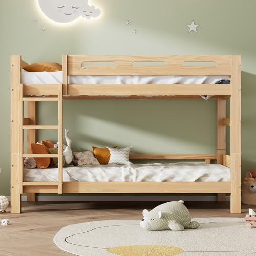 Idemon Letto a castello per bambini e ragazzi, letto suddiviso in 2 letti singoli, robusto telaio in legno di pino, montaggio semplice, naturale, 90 x 200 cm