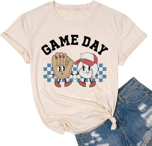 Baseball Shirts Women Baseball Mom Tshirt Baseball Game Day Graphic Tee Funny Short Sleeve Tops(X-Beige, L)