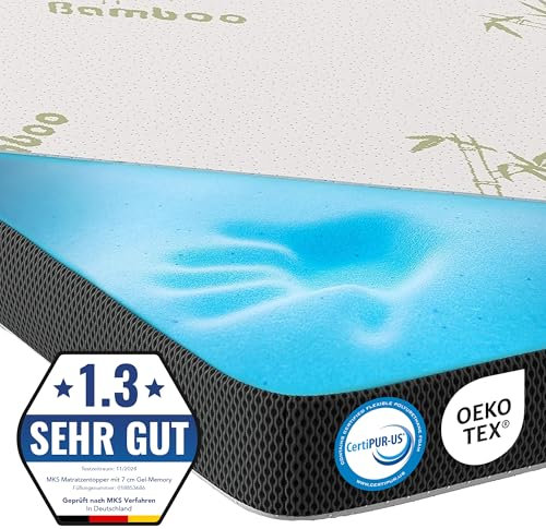 MKS.® Gel Topper 120 x 200 cm, H3 Topper con 7 cm de espuma viscoelástica de gel, confort, con flujo de aire 3D, viscoelástico con funda de bambú extraíble