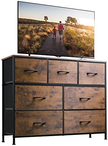 WLIVE Kommode mit 7 Schubladen aus Stoff, Kommodenschrank für Schlafzimmer, Kommode Wohnzimmer, mit Stabiler Stahlrahmen, Vintagebraun-Schwarz