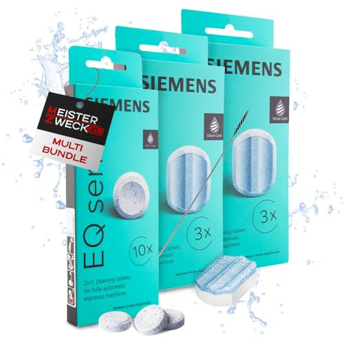 MEISTERZWECK4U 10x Reinigungstabletten & 6x Entkalkungstabletten inklusive Reinigungsbürste, kompatibel mit Siemens EQ Series Kaffeevollautomaten - Reinigung & Kalkentfernung für Kaffeeautomat