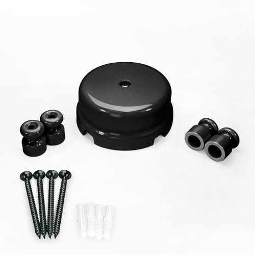 QuirkLz Boîte de dérivation en porcelaine avec câble textile avec 4 isolateurs en céramique Noir brillant Ø 78 mm