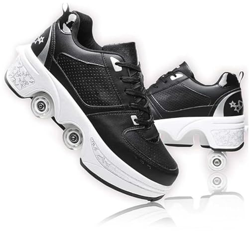 Roller Skates, Roller Skate Shoes for Boys Girls, Wheeled Shoes, Roller Shoes, Outdoor Retractable 4 Wheels Skateboard Sneakers, Shoes with Wheels for Men and Women Black Silver