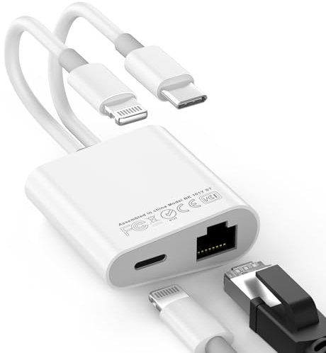 Lightning and USB C to Ethernet Adapter, [Apple MFi Certified] 2 in 1 RJ45 Ethernet LAN Network Adapter with Charge Port for iPhone 17 16 15 14 13 12 11 XS XR X 8, Supports 100Mbps Ethernet Network