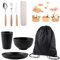Camping Besteck Set,Camping Geschirr Set,Picknick Camping Besteck Set,Wiederverwendbarer Leichter Becher, Schalen,Teller und Edelstahlbesteck Messer,Löffel,Gabel,mit Tasche, spülmaschinenfest