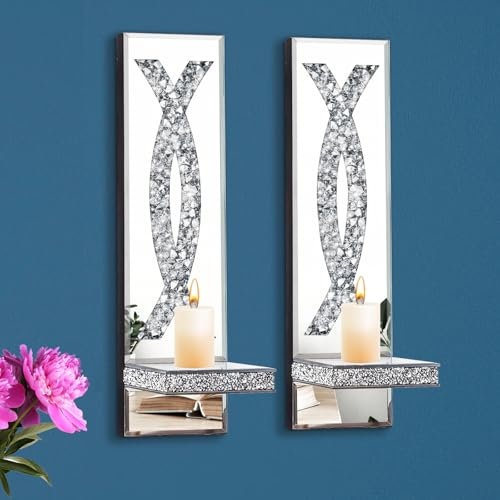 Crystal Crushed Diamond Mirrored Candle Sconces Set of 2, Glam Silver Wall Candle Holders for Living Room Bedroom Hallway Decor Large Wall Mounted Mirror Candle Holder with Sparkly Crystal Shelf