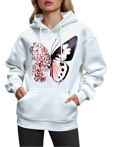 CMTOP Sweat À Capuche Femme Imprimé Décontracté Sweatshirt Casual Manche Longue Hoodies Automne Et Hiver Chaud Streetwear Sport Vêtements avec Poches Cordon(C-Blanc, L)