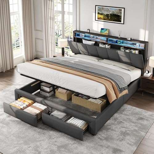 5ft King Size Ottoman Bed with Hydraulic Lift&Drawers&LED Adjustable Concealed Storage Headboard, Linen Functional Upholstered Bed Frame with Charging Station, Gas Lift Storage Bed, No Mattress, Grey