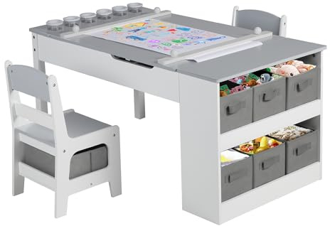 ROCSUMOO Kids Art Table and Chairs Set 3 in 1 Kids Art Table with 2 Chairs 3-Piece Toddler Furniture Set for Art Drawing Playroom Grey