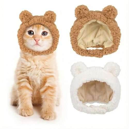YAPKOLV Ensemble Hiver Amusant 2 Pièces Bonnet en Peluche Réglable pour Chats et Chiots Accessoires de Costume pour Animaux (marron et blanc)