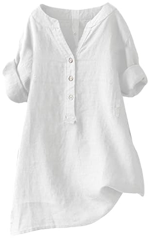 Tunika i linne för damer, modern oversize-blus i stora storlekar, långärmad sommarblus med V-ringning och elegant vintage-look, festlig topp, Vit, XXL
