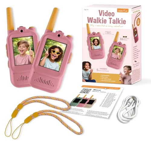 ZAZU Lot de 2 talkie-walkies vidéo pour enfants avec appareil photo – Portée de 300 m, écran 2,0, rechargeable par USB, 5 effets voix et 16 filtres – Radio avec vidéo pour intérieur et extérieur