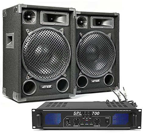 Max SP12 Passive PA System - Complete DJ Disco Karaoke Speaker Kit with SPL700 Amplifier, 12-Inch 700W Speakers, Cables Included - Ideal for Events and Parties