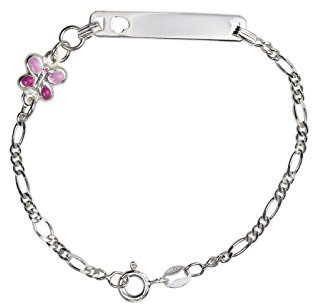 Aka Gioielli® - Kinder ID Armband 925 Sterling Silber mit Rosa emaille Schmetterling und ausgestanztem Herz, Geschenk für Mädchen