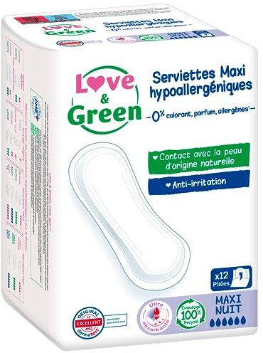 Love & Green Serviettes hygiéniques, écologiques et hypoallergéniques - certifiées Ecolabel et Dermatest - MAXI NUIT x 12 : Sans colorant, parfum, allergènes (Lot de 2x12)