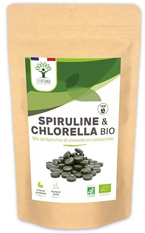 Spiruline + Chlorella Bio - Bioptimal - Complément Alimentaire - Multivitamines - Protéine BCAA Fer Phycocyanine Chlorophylle - 500 mg - Conditionné en France - Certifié par Ecocert - 150 comprimés