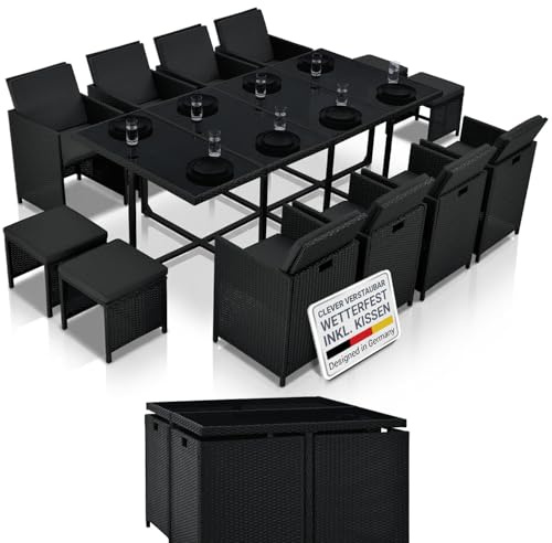 Juskys Groupe de sièges en polyrotin Baracoa XXL 13 pièces résistant aux intempéries et empilable - Ensemble de mobilier de Jardin avec 8 chaises, 4 tabourets et Table - Noir, 12 Personnes