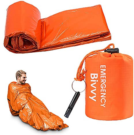 Urgence Thermique Couchage Sac, Couverture Survie Reutilisable Sac, avec Sifflet Survie, Équipement Survie pour Camping, Randonnée, Activités de Plein Air, Orange